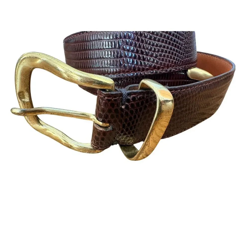 Jos A Bank Leather Belt Size 36 Brown Embossed Gold Buckle Unisex